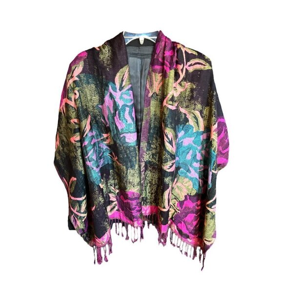 Large Black & Vibrant Jewel Toned Wrap Scarf Floral Patterned with Fringe - Picture 9 of 10